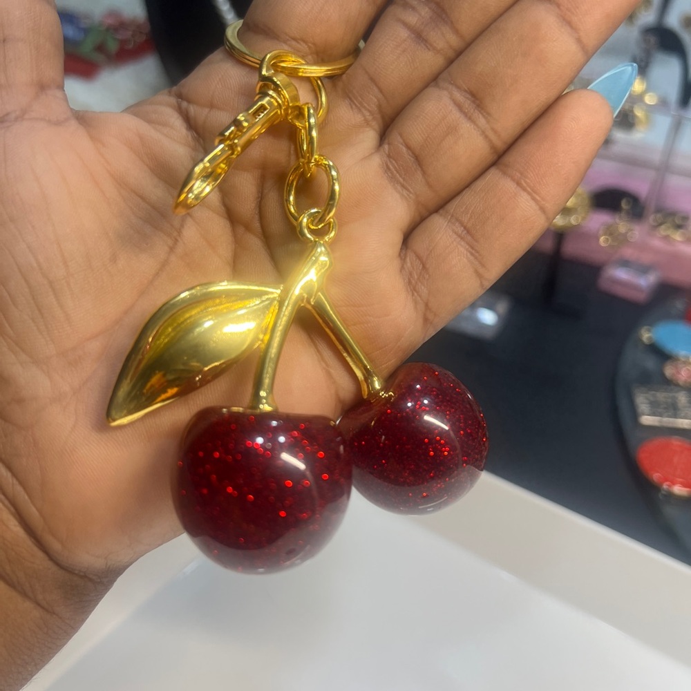 Red Cherry Keychain with Gold Accents